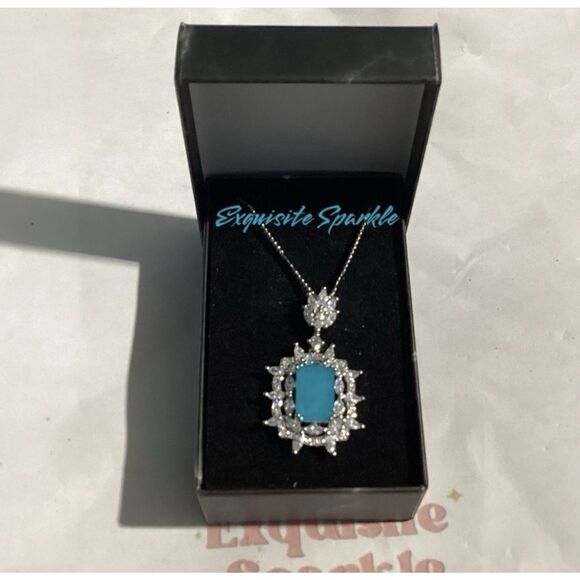Lab Created  Paraiba Tourmaline &Zircon vintage inspired silver Pendant necklace - Picture 14 of 16